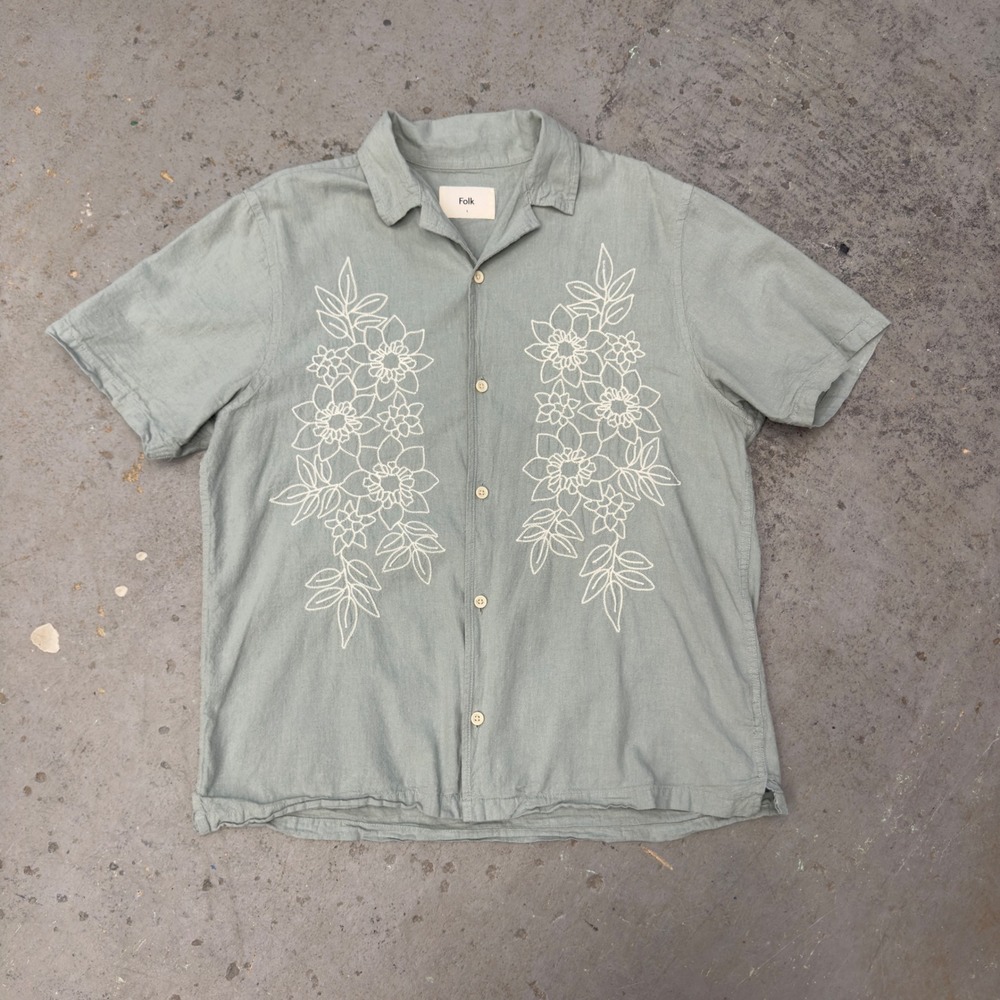 Folk Mens Sage Green Floral Embroidered Cotton Linen Short Sleeve Shirt Large